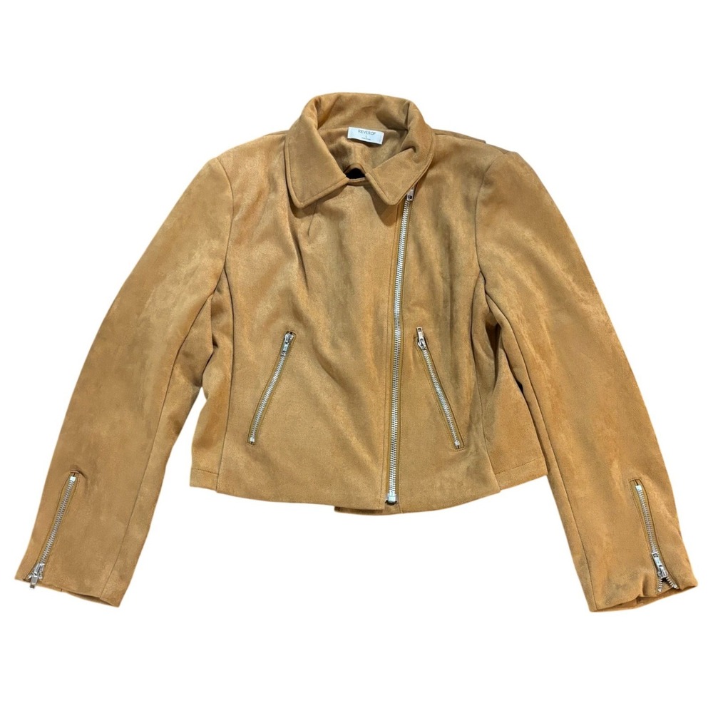 Reverof Womens Faux Suede Moto‎ Jacket Tan Camel Brown Asymmetrical Zip Size L